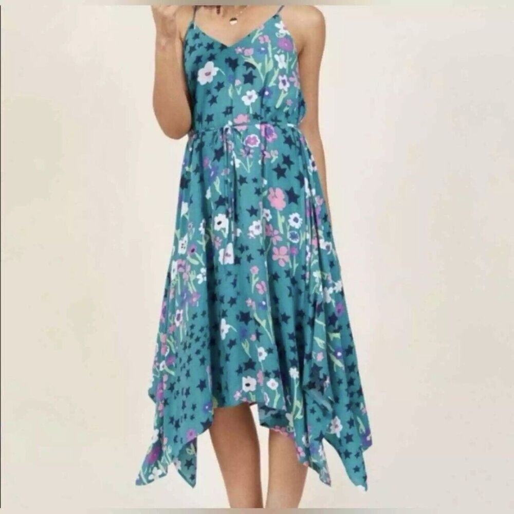 ModCloth Floral Midi Dress Small Teal Multicolor Stars Asymmetric Hem Fairy Y2K - Picture 2 of 15
